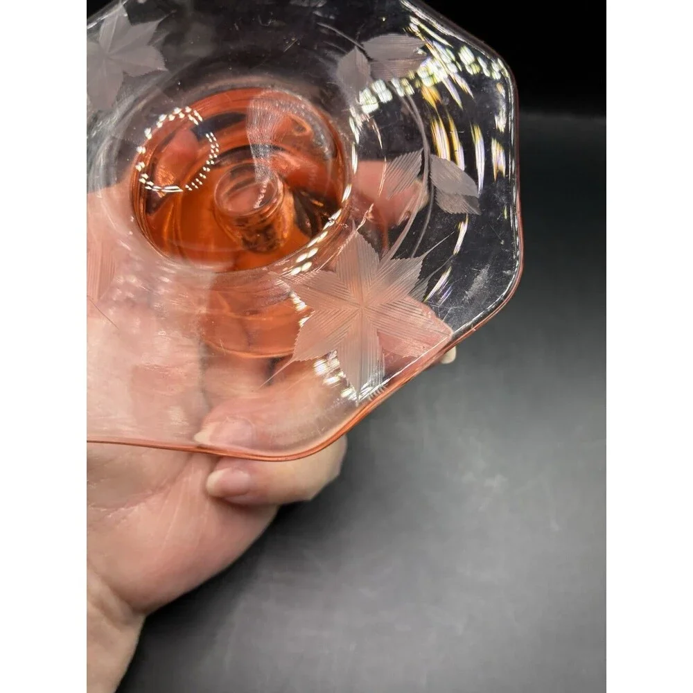 Vintage Pink Depression Glass Pillar Candle Holder Etched Floral Design